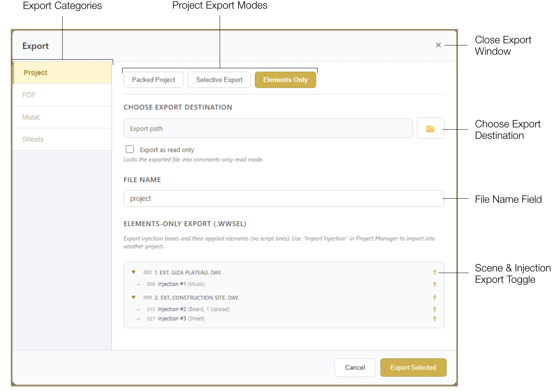 Elements Only export showing injection data without script lines